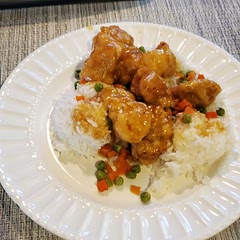 I needed a lot more flour/cornstarch to coat my chicken pieces. I also seasoned my chicken with salt, pepper, garlic powder and onion powder. Soaked the chicken chunks in the egg, then tossed them in a brown paper bag (you can also use a large-lidded bowl). Everyone in our family loved this meal and I will be adding it to my menu. It is not a quick-fix meal because you have to fry the chicken, but it is worth the time!