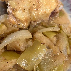 Overall it was an easy to make chicken dish. Flavors were good. Not too sweet but rather a good balance of salty and sweet. I used Granny Smith apples and they did end up cooking down to a mush but it was good tasting. I used a smaller sized yellow onion to keep the onion flavor balanced. I would make this again.