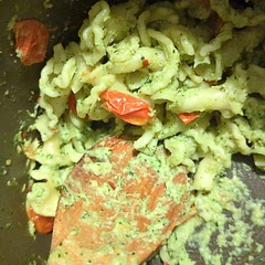Nixed the pancetta. Roasted the broccoli in the oven at 400 for about 15 min. Kinda freestyled on the olive oil / pasta water additions. Also added more garlic, some lemon juice, A LOT of black pepper and some more salt to the sauce. And some red pepper flakes when I cooked the tomatoes