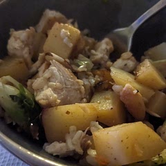 Neither my partner nor I like sweet potatoes so we used normal potatoes instead.  This is a delicious meal.  

We doubled the garlic (because we are garlic lovers) but left all other components the same.  

I'm not the biggest fan of brussel sprouts, but feel this meal makes them much more palpable.  

It took us over an hour to make...but we are slow preppers.  Tasty and will make again even though it takes longer to make.  Definitely give this one a try!  