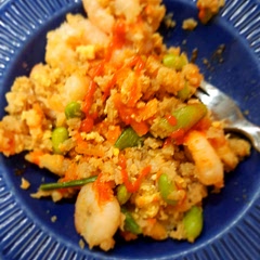 Wednesday's meal was Shrimp Cauliflower Fried Rice!  I  was so determined!😆 3 times I went to my grocery store to find a head of cauliflower...nope.  I even looked in two locations for "riced" cauliflower and in the frozen section for the frozen cauliflower rice. Nope. " out of stock".
Then it dawned on me to actually use frozen cauliflower. Ta-dah!!!
I pulled out the Blendtec & I can't believe how easy this was. Messy as heck, but now I know I can do it!  Had garlic & onion aldready prepped from Sunday- & just happened to have the frozen Asian blend of veg.  SO HAPPY FOR THIS LOW CARB recipe! 