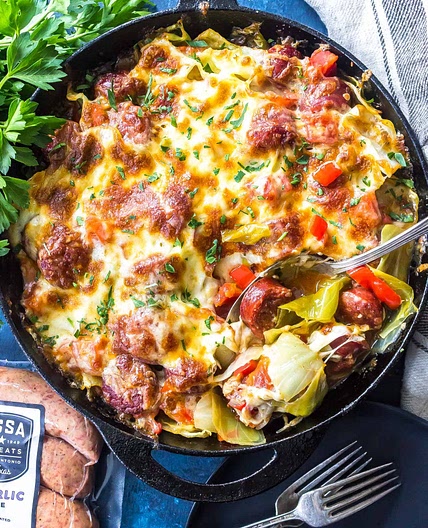 Keto Cheesy Cabbage Sausage Skillet