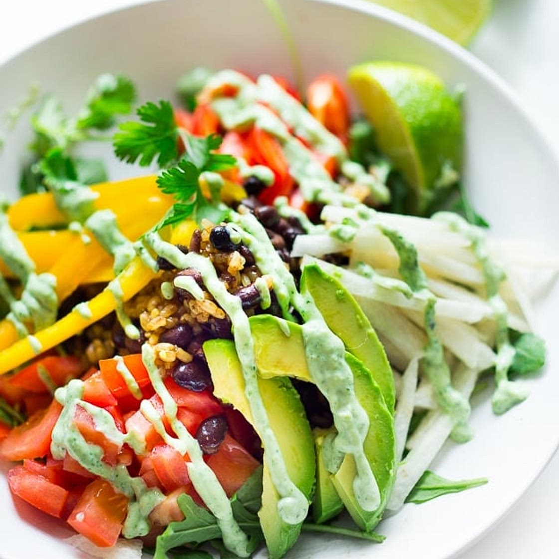 Vegan Burrito Bowl with Creamy (Vegan) Cilantro Sauce